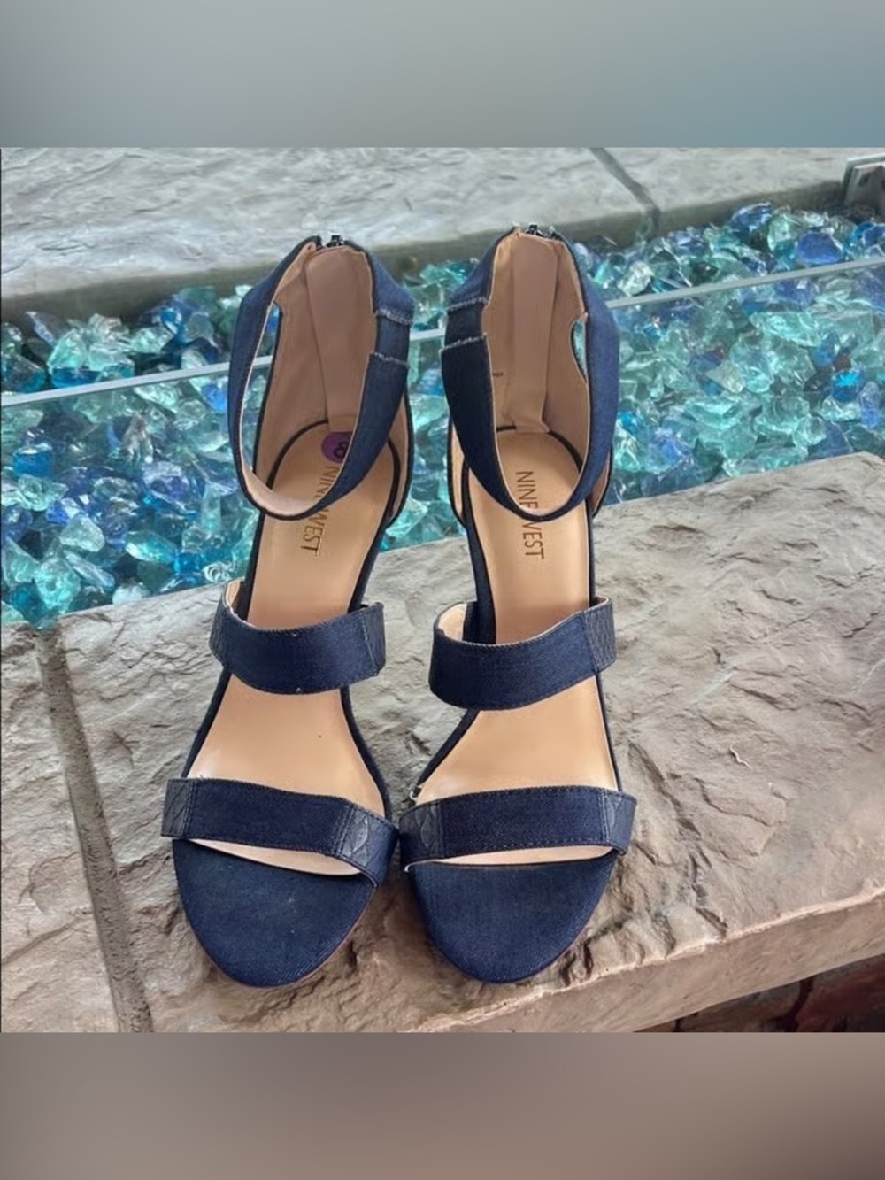 Nine West Navy Suede Triple-Strap Block Heel Sandals